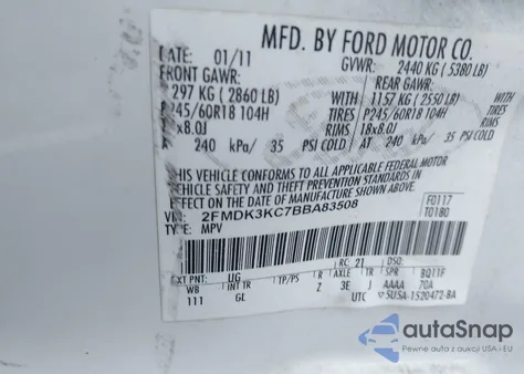 2011 Ford Edge Limited z USA, uszkodzony, nr VIN 2FMDK3KC7BBA83508